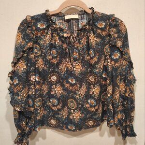 Ulla Johnson Women's Twilight Floral Manet Ruffle Trim Blouse Sz 0 Cottagecore